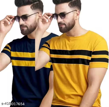 Men's Premium Chest Stripe Crew Neck T-Shirt (Pack of 2) – Navy Blue & Mustard Yellow
