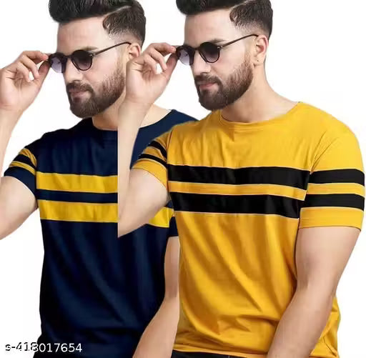 Men's Premium Chest Stripe Crew Neck T-Shirt (Pack of 2) – Navy Blue & Mustard Yellow