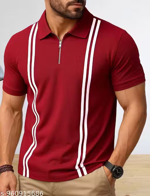 Mens Polo Neck Matte Lycra Fabric Zipper Half Sleeve T-Shirt