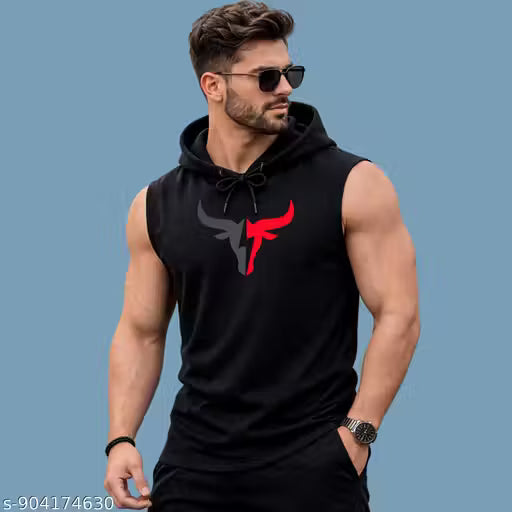 Mens Sports Hoodie Tshirt | Sleeveless Soft Polyester Printed Active Wear Black Tshirt | Gym Vest