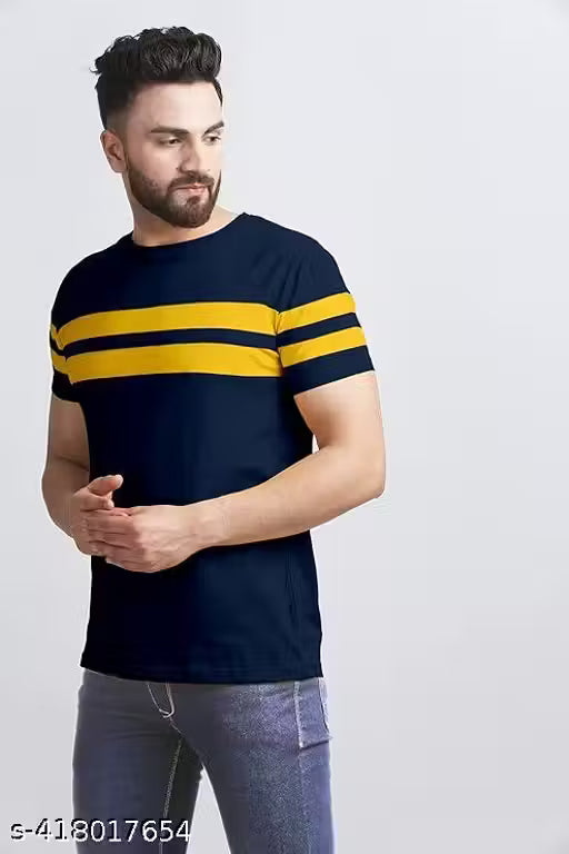 Men's Premium Chest Stripe Crew Neck T-Shirt (Pack of 2) – Navy Blue & Mustard Yellow