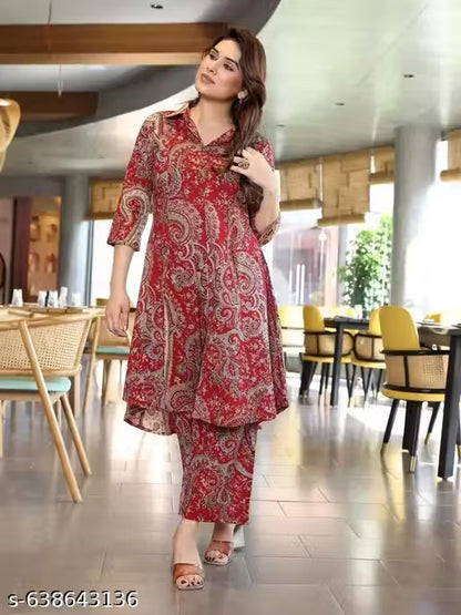 Women's Maroon Floral Block Print Cotton Kurta with Pant Set