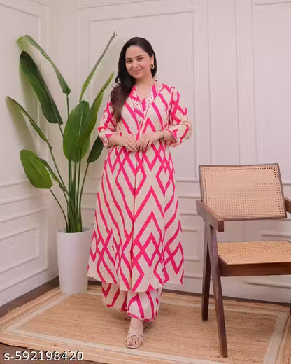 Ivory Pink Zig-Zag Kantha Cotton Palazzo Set | Pink Co-Ord Set