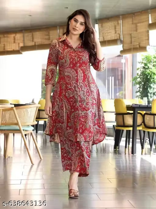 Women's Maroon Floral Block Print Cotton Kurta with Pant Set