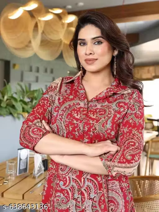 Women's Maroon Floral Block Print Cotton Kurta with Pant Set