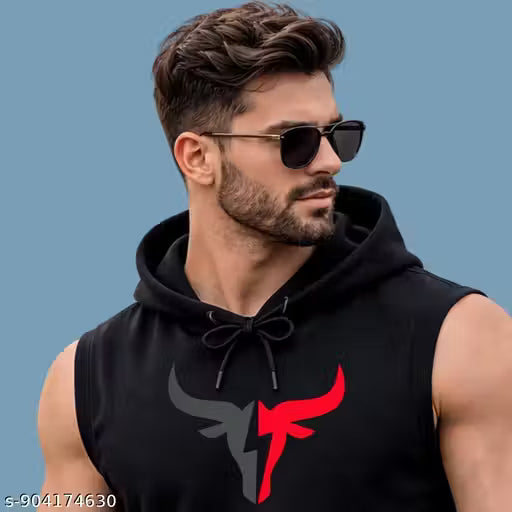Mens Sports Hoodie Tshirt | Sleeveless Soft Polyester Printed Active Wear Black Tshirt | Gym Vest