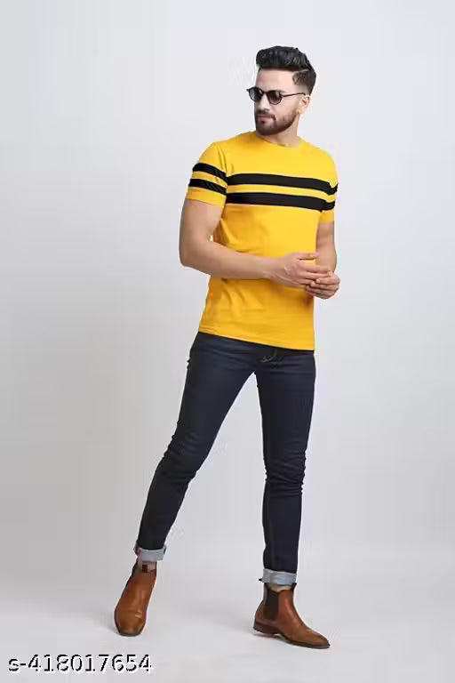 Men's Premium Chest Stripe Crew Neck T-Shirt (Pack of 2) – Navy Blue & Mustard Yellow