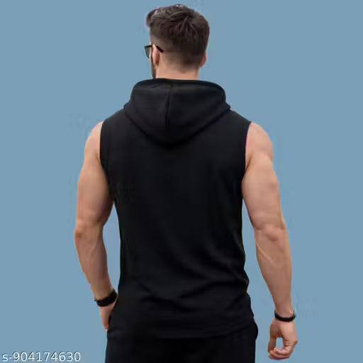 Mens Sports Hoodie Tshirt | Sleeveless Soft Polyester Printed Active Wear Black Tshirt | Gym Vest